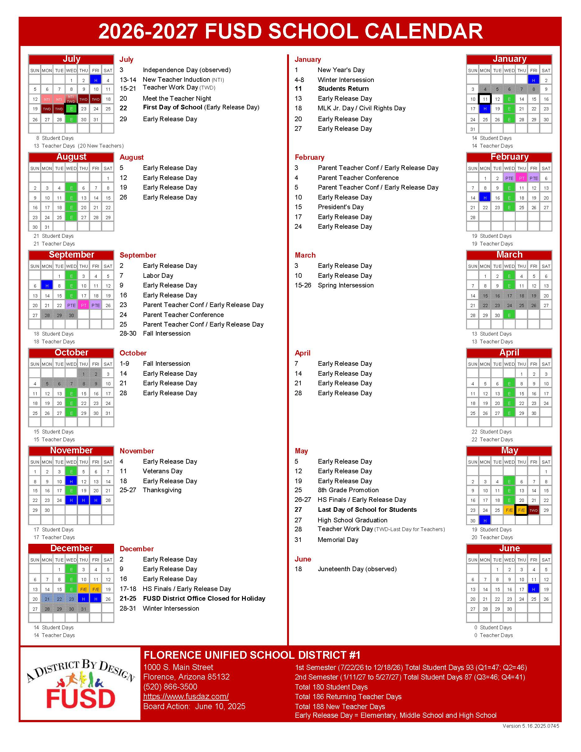 2026-2027 School Year Calendar